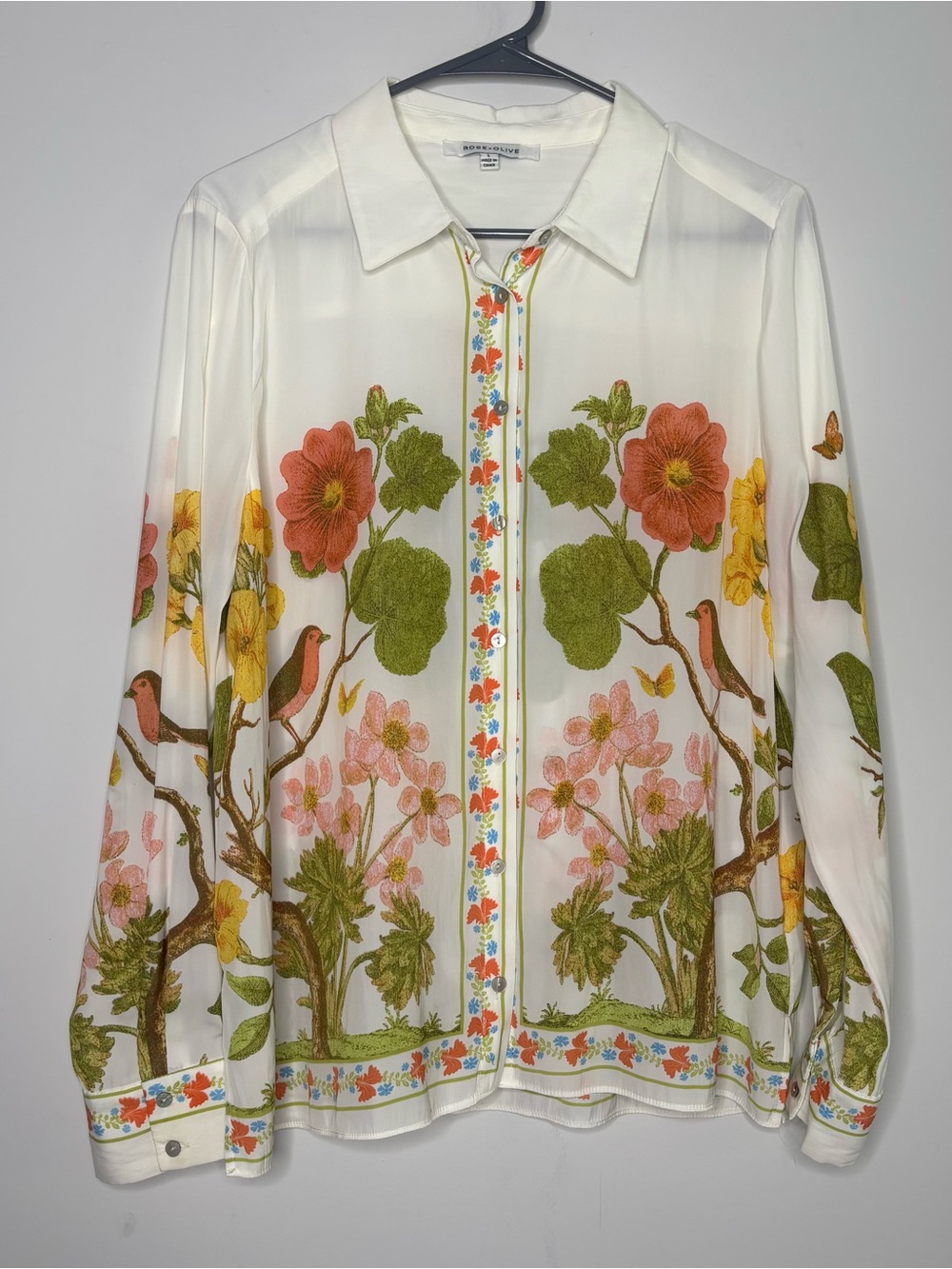 Rose + Olive Bird Print Long Sleeve Sheer Button Down Blouse Large Bohemian